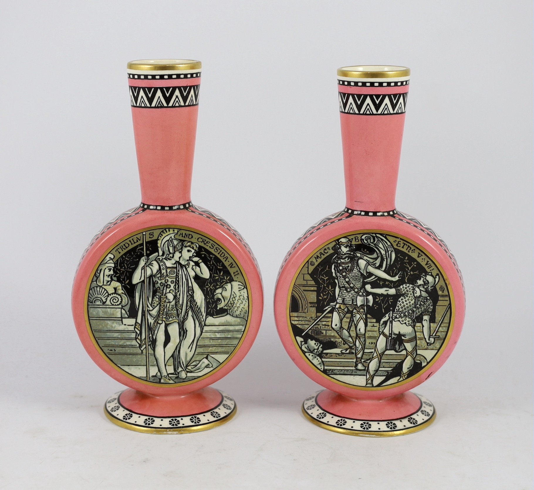 A pair of Minton moon flasks, designed by John Moyr Smith, c.1875, 24.5cm high